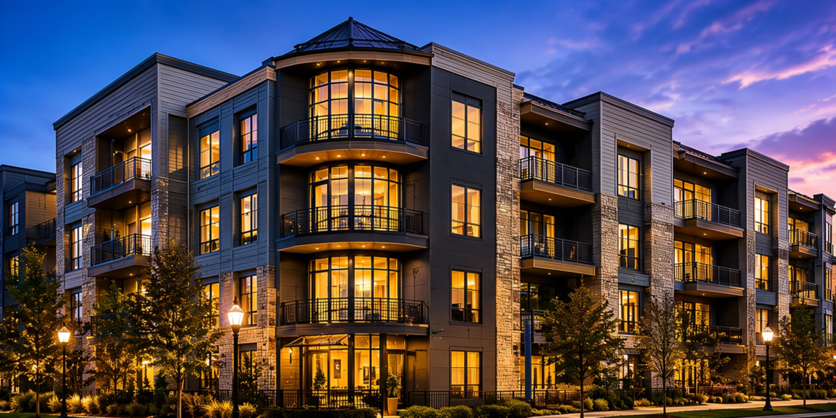Four-story apartment building with balconies at dusk