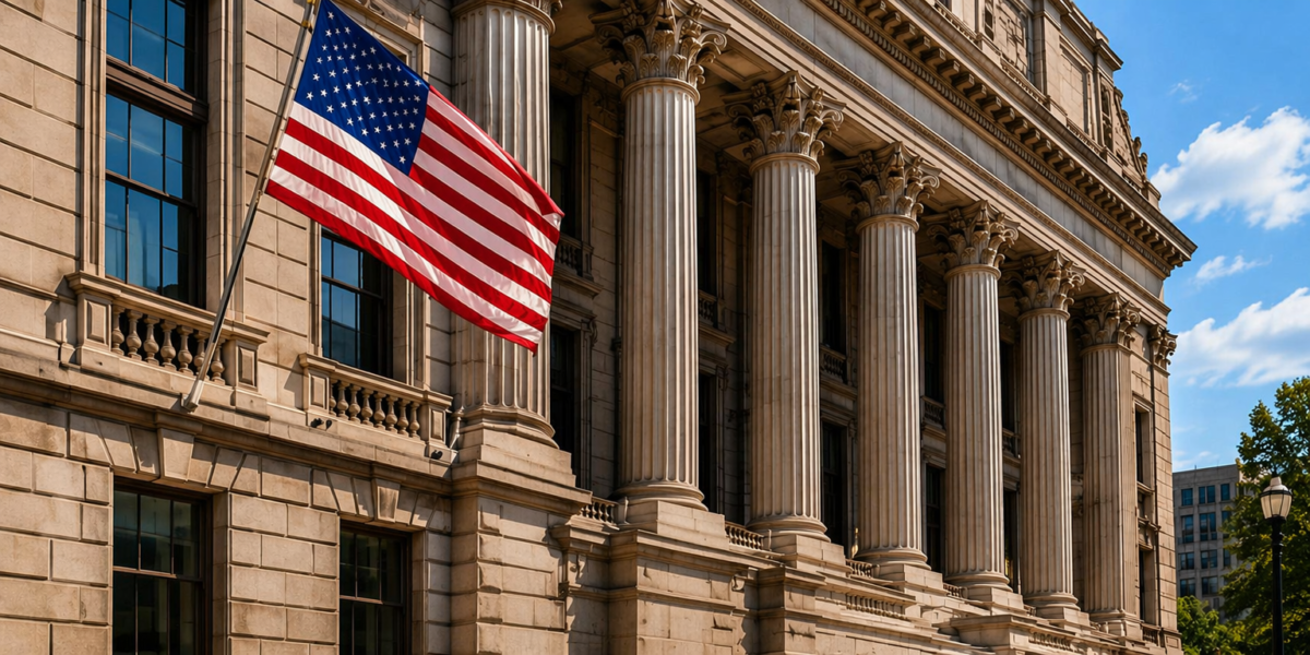 Classical stone building with columns and an American flag